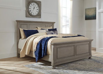 Light gray queen bed frame with rails and upholstered headboard
