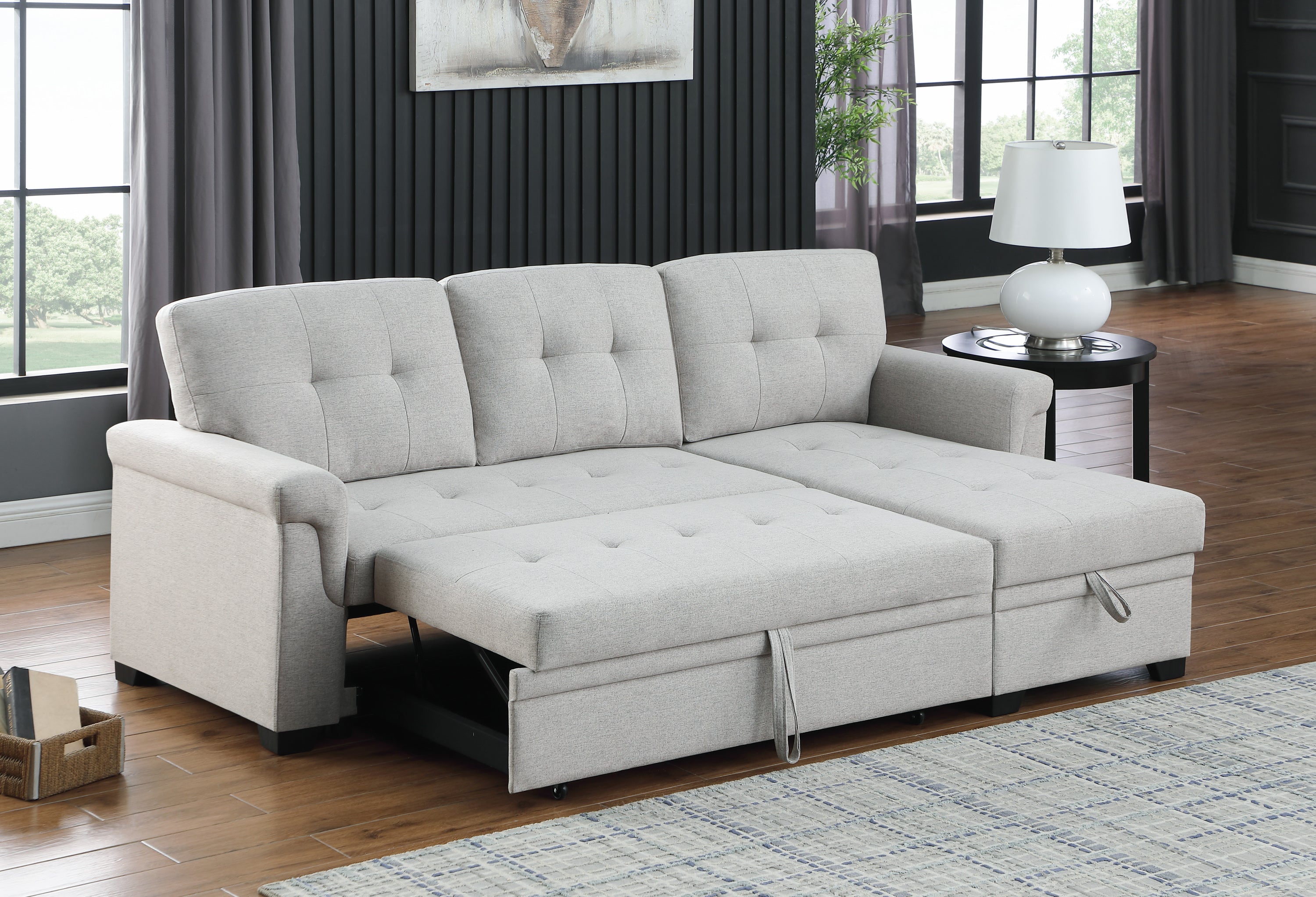 Lucca 84" Light Gray Linen Reversible Sleeper Sectional Sofa with Storage Chaise | Stylish and Functional Addition to Your Living Space
