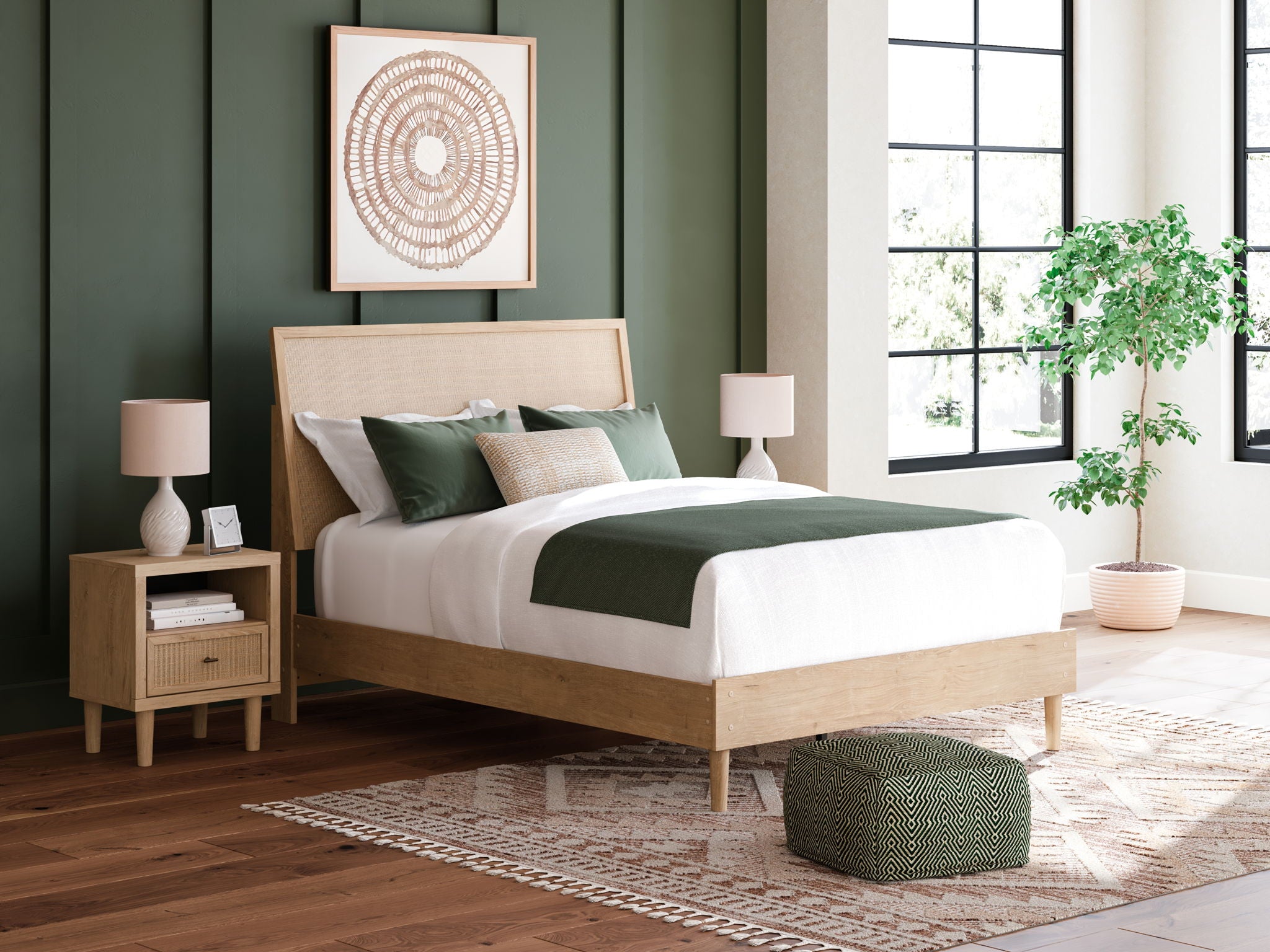Beige panel bed with white mattress and green upholstered bedding