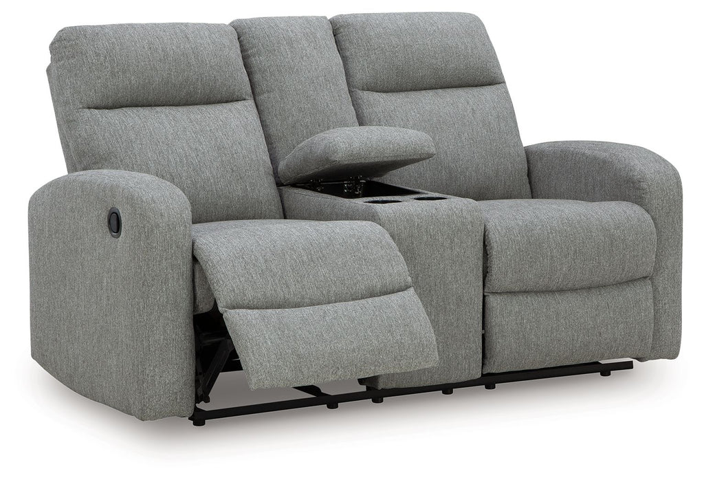 Gray double recline loveseat with one seat reclined, padded arms and headrest backs