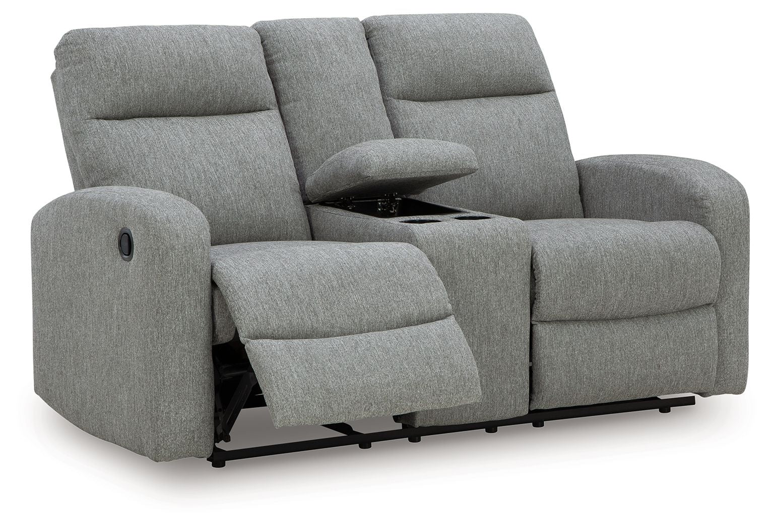 Gray double recline loveseat with one seat reclined, padded arms and headrest backs