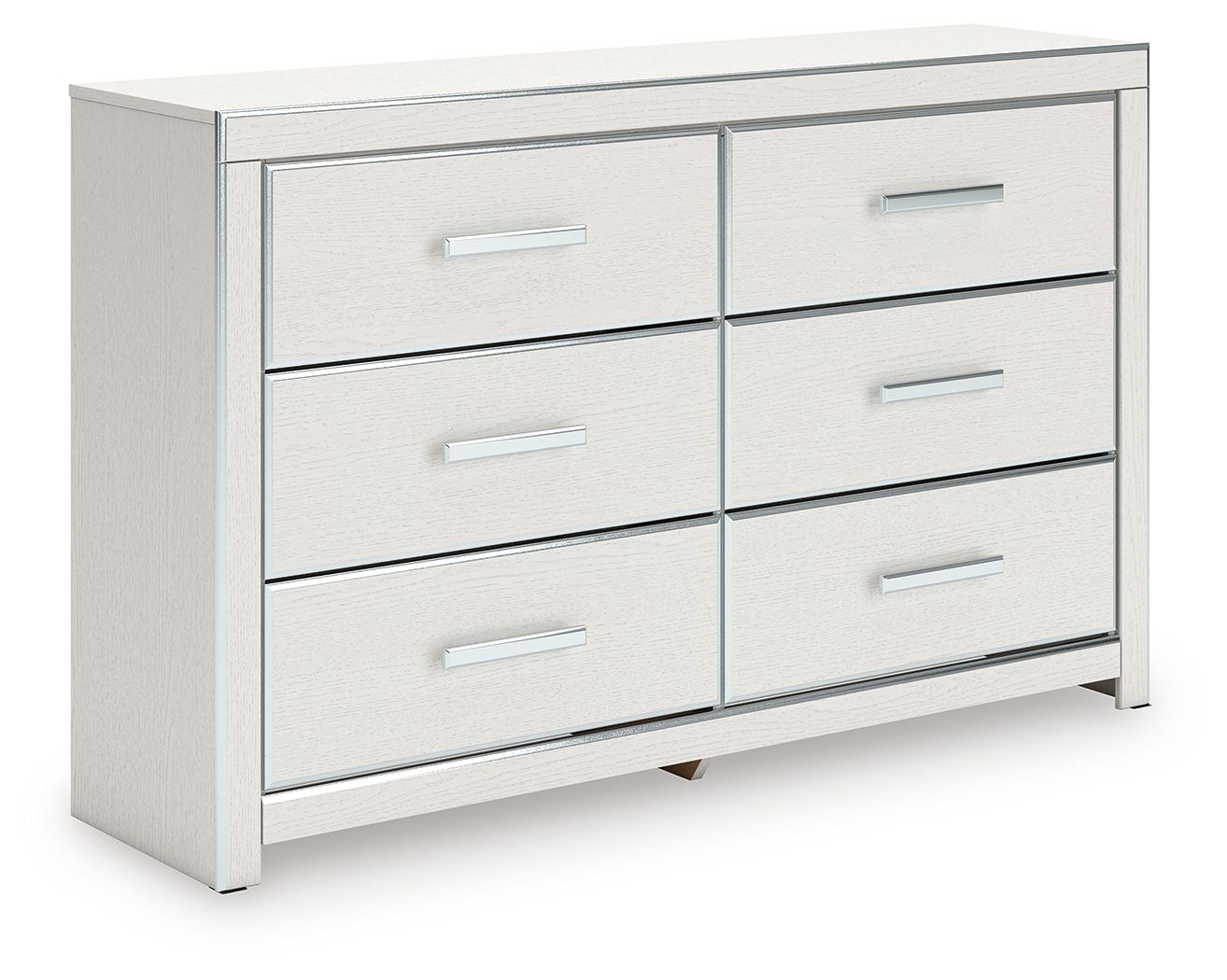 Six-drawer dresser in white finish with six drawers and silver bar handles.