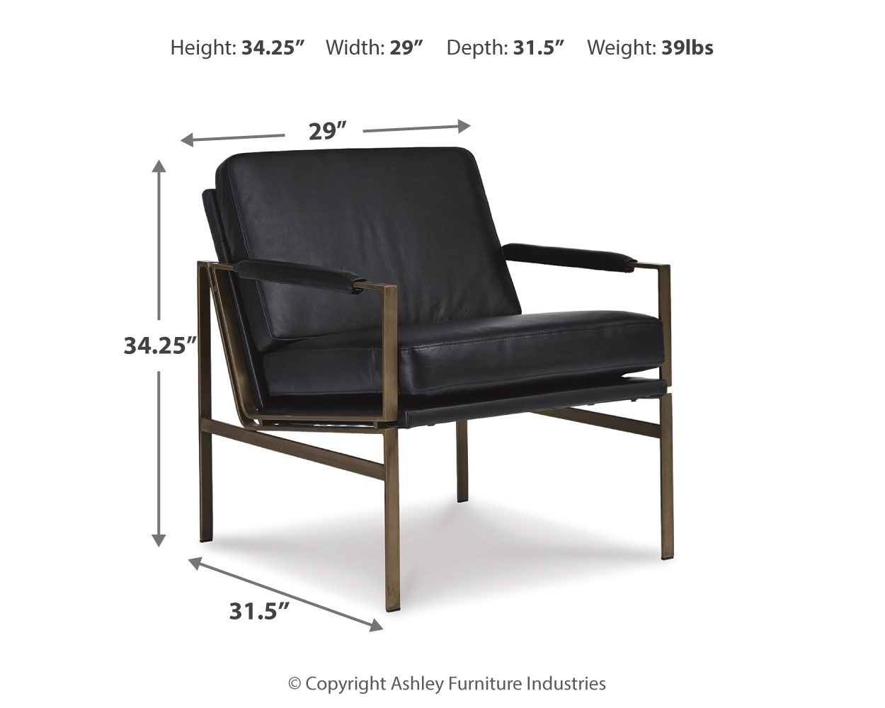 Black leather-look accent chair with open side arm panels and padded seat cushion.