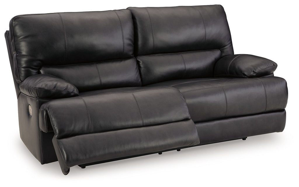 Black leather-look sofa with padded arms and tufted back cushions