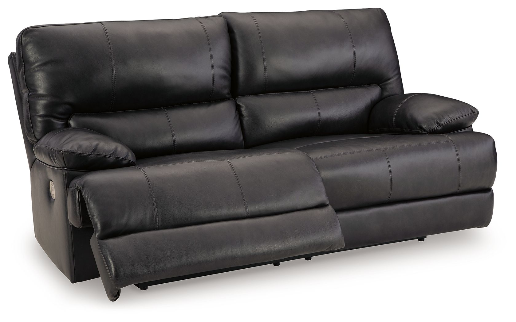 Black leather-look sofa with padded arms and tufted back cushions