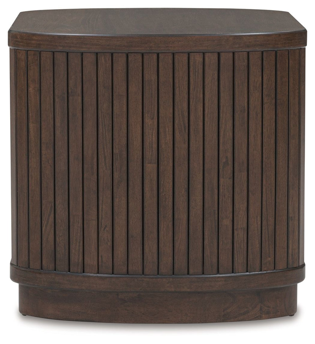 Square end table with vertical slat sides, dark brown top and low base band