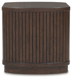 Square end table with vertical slat sides, dark brown top and low base band