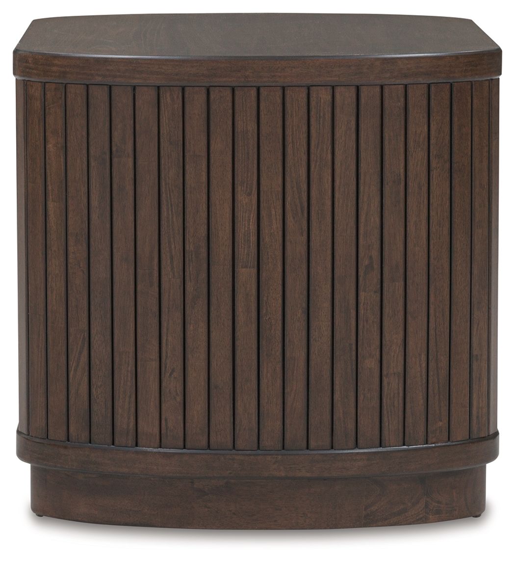 Square end table with vertical slat sides, dark brown top and low base band