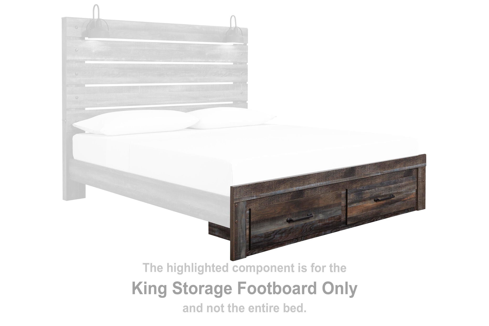 King storage footboard with two drawers, dark brown wood