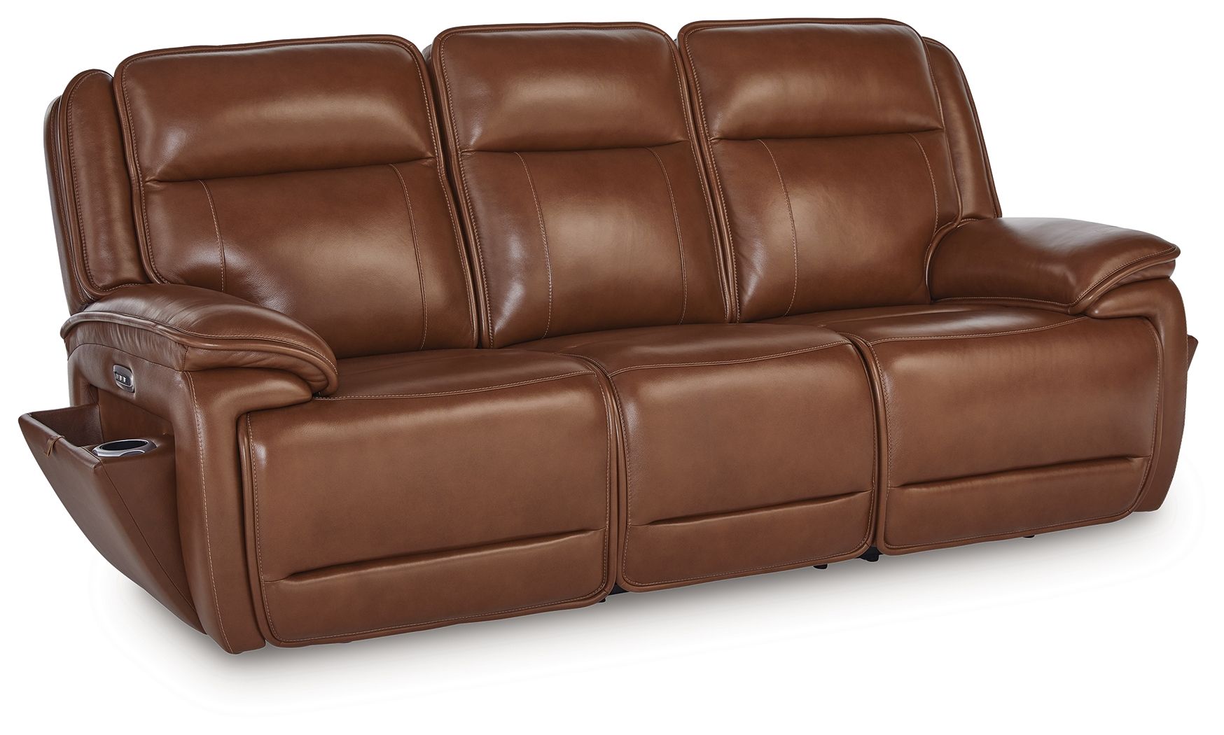 Chocolate brown power reclining sofa with padded adjustable headrests and wide armrests