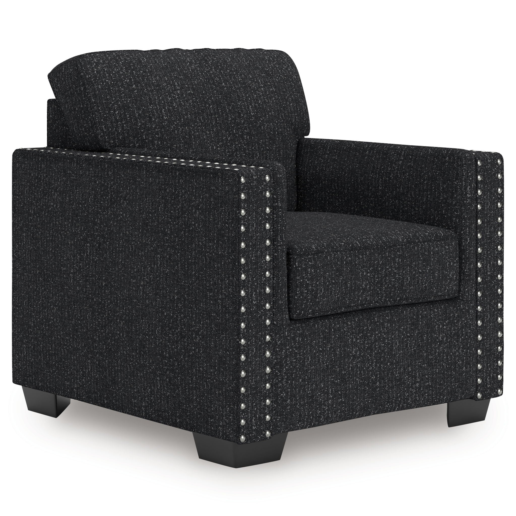 Dark charcoal upholstered armchair with padded back, wide arms, and silver nailhead trim.