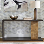 Console sofa table with dark top, light wood panel, and lower shelf