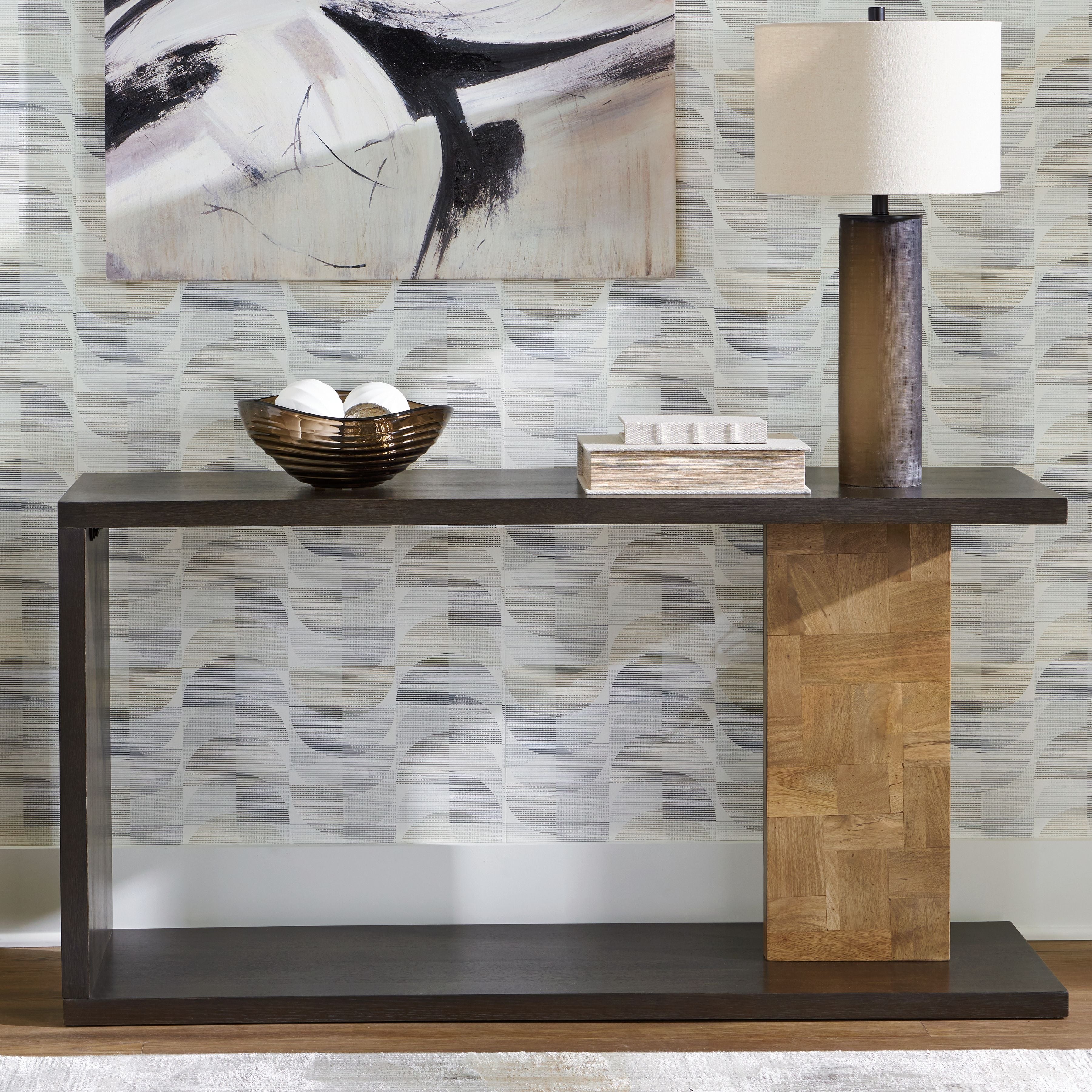 Console sofa table with dark top, light wood panel, and lower shelf