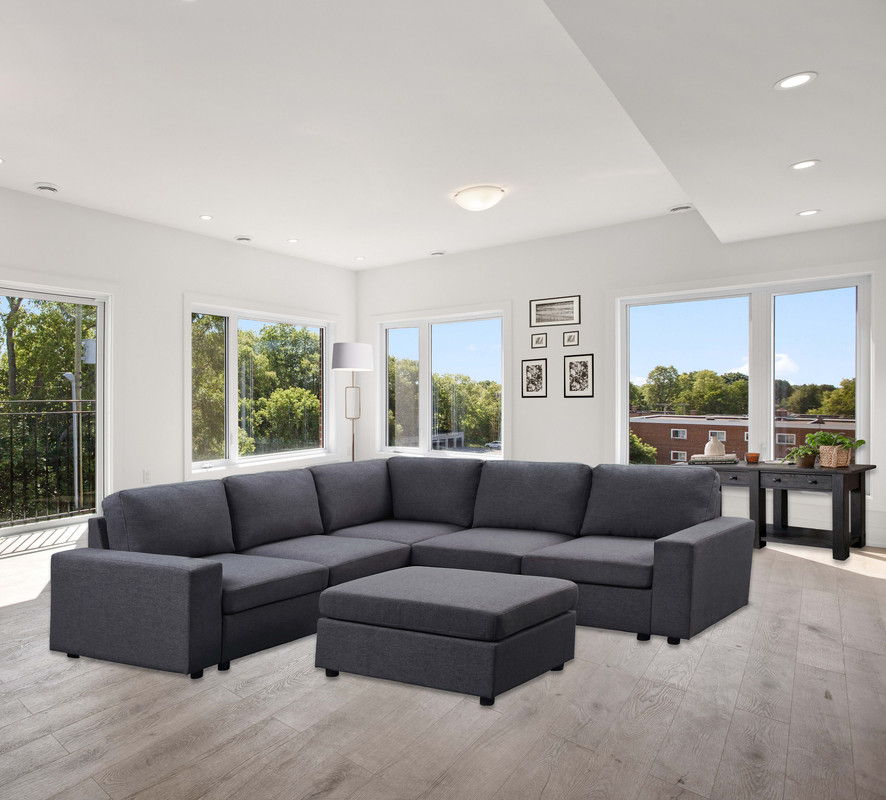 Elliot - Sectional Sofa With Ottoman - Dark Gray Linen