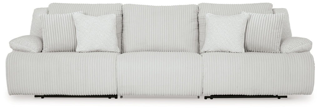 Light gray reclining sectional sofa with chaise seating and striped upholstery