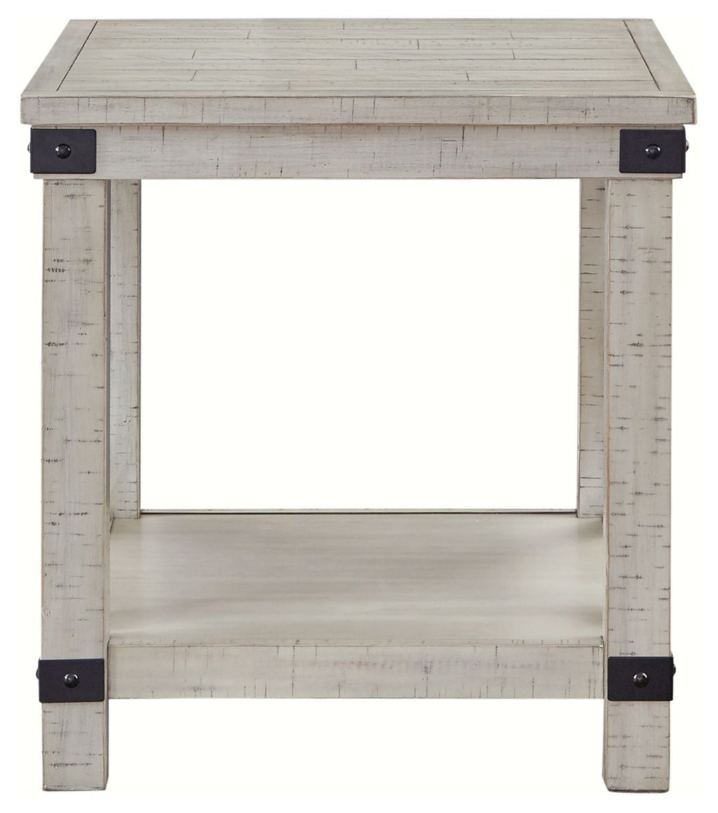 Whitewashed rectangular end table front view, open center, lower shelf, dark corner hardware