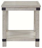 Whitewashed rectangular end table front view, open center, lower shelf, dark corner hardware