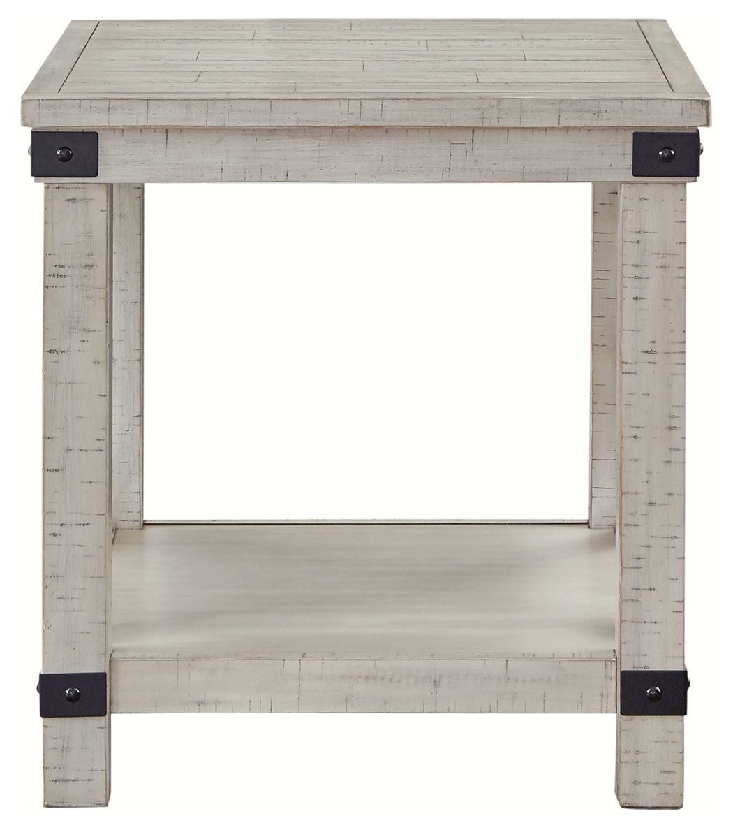 Whitewashed rectangular end table front view, open center, lower shelf, dark corner hardware