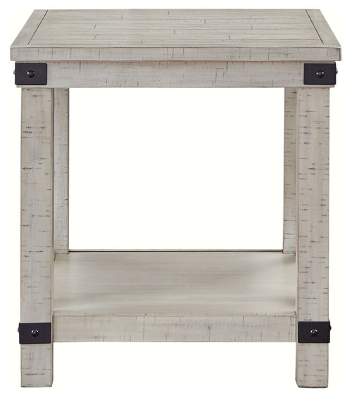 Whitewashed rectangular end table front view, open center, lower shelf, dark corner hardware