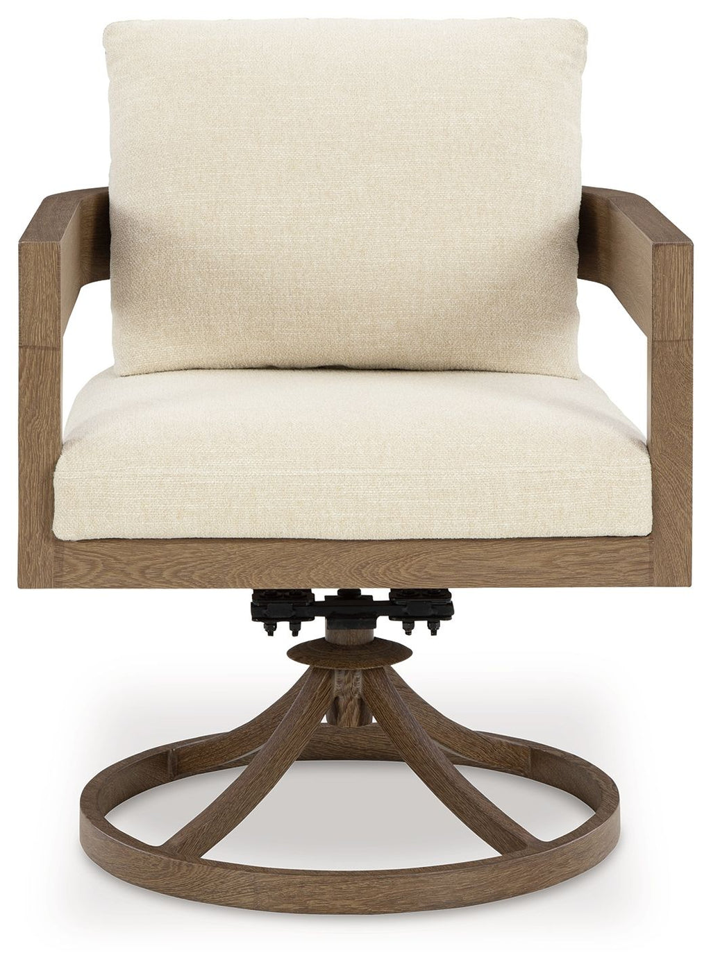 Swivel chair with light upholstered seat and back and dark brown circular pedestal base