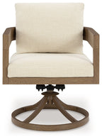 Swivel chair with light upholstered seat and back and dark brown circular pedestal base