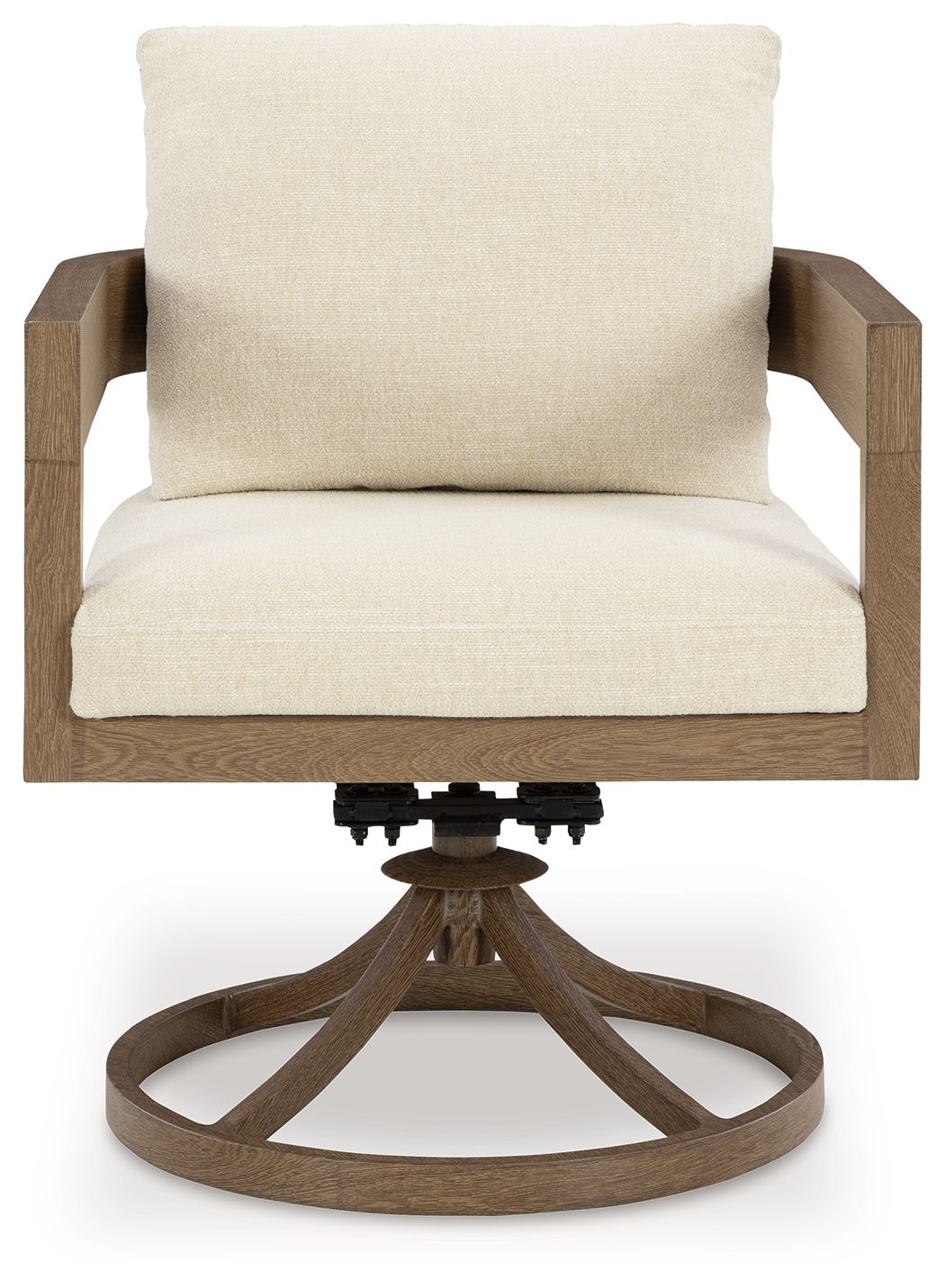 Swivel chair with light upholstered seat and back and dark brown circular pedestal base