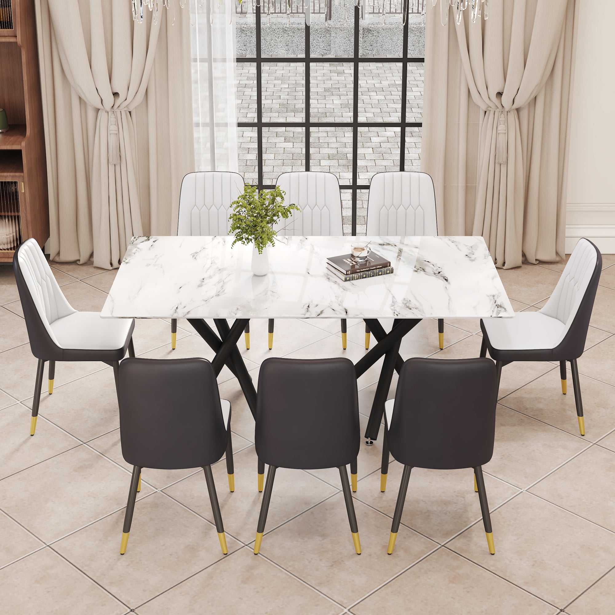 White Marble Dining Table & 8 Black Chairs Set F-1538