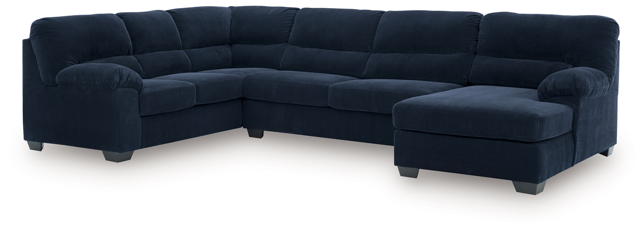 Navy sectional sofa with right-facing chaise, three-piece corner configuration