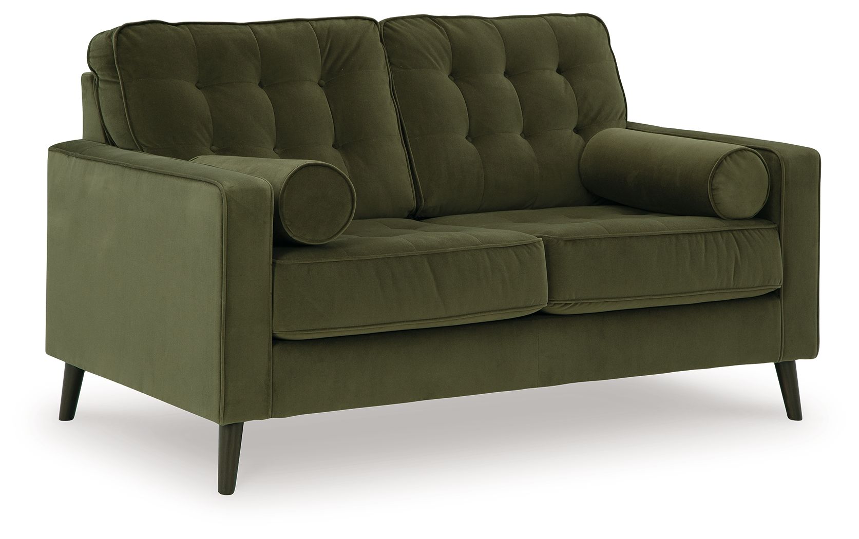 Olive green tufted loveseat with rounded arms and two bolster pillows, dark tapered legs.