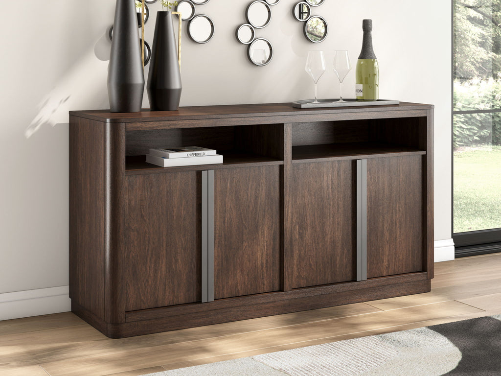 Dark brown dining room server with two open cubbies and four cabinet doors