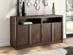 Dark brown dining room server with two open cubbies and four cabinet doors