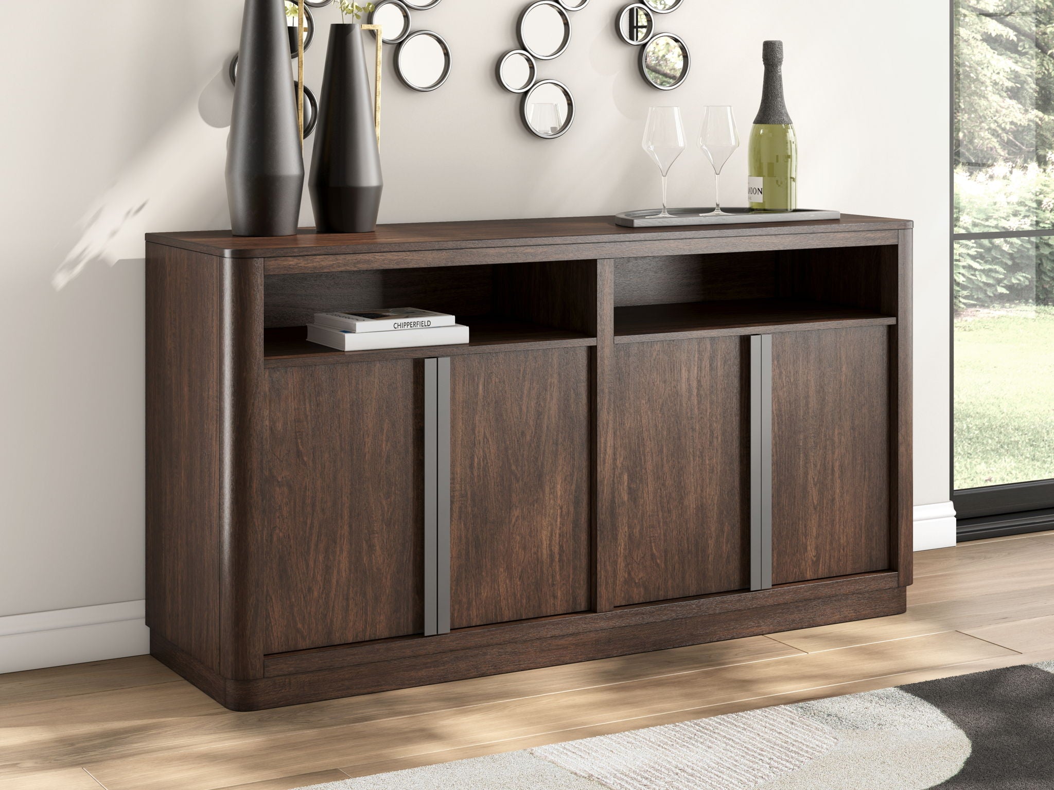Dark brown dining room server with two open cubbies and four cabinet doors