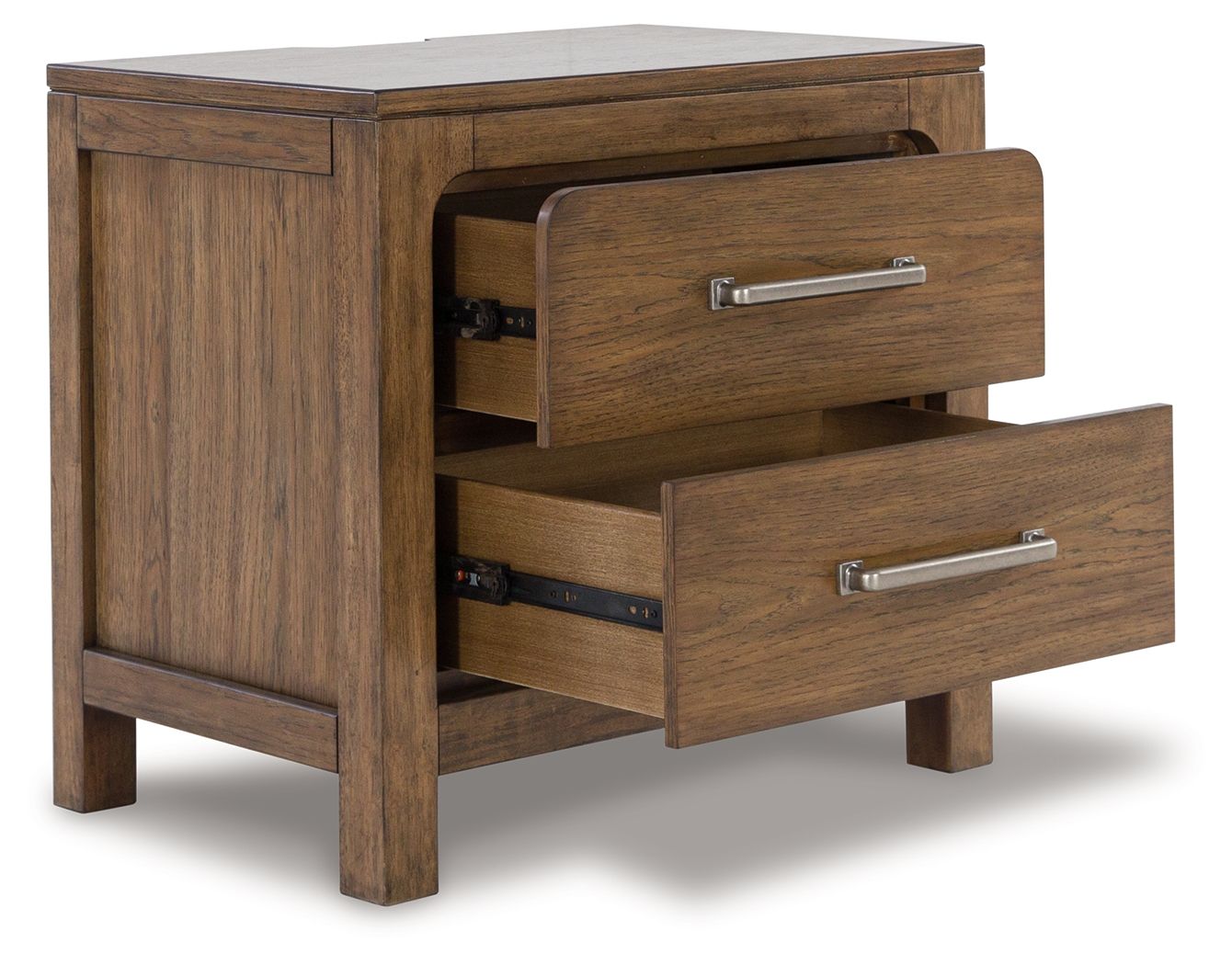 Light brown wooden nightstand with two open drawers and metal bar pulls, angled view