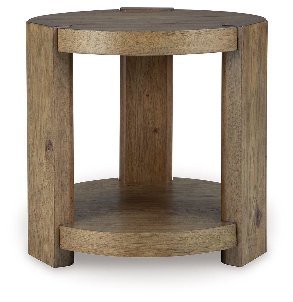Light brown round wood side table with open lower shelf and 4 straight legs