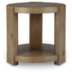 Light brown round wood side table with open lower shelf and 4 straight legs