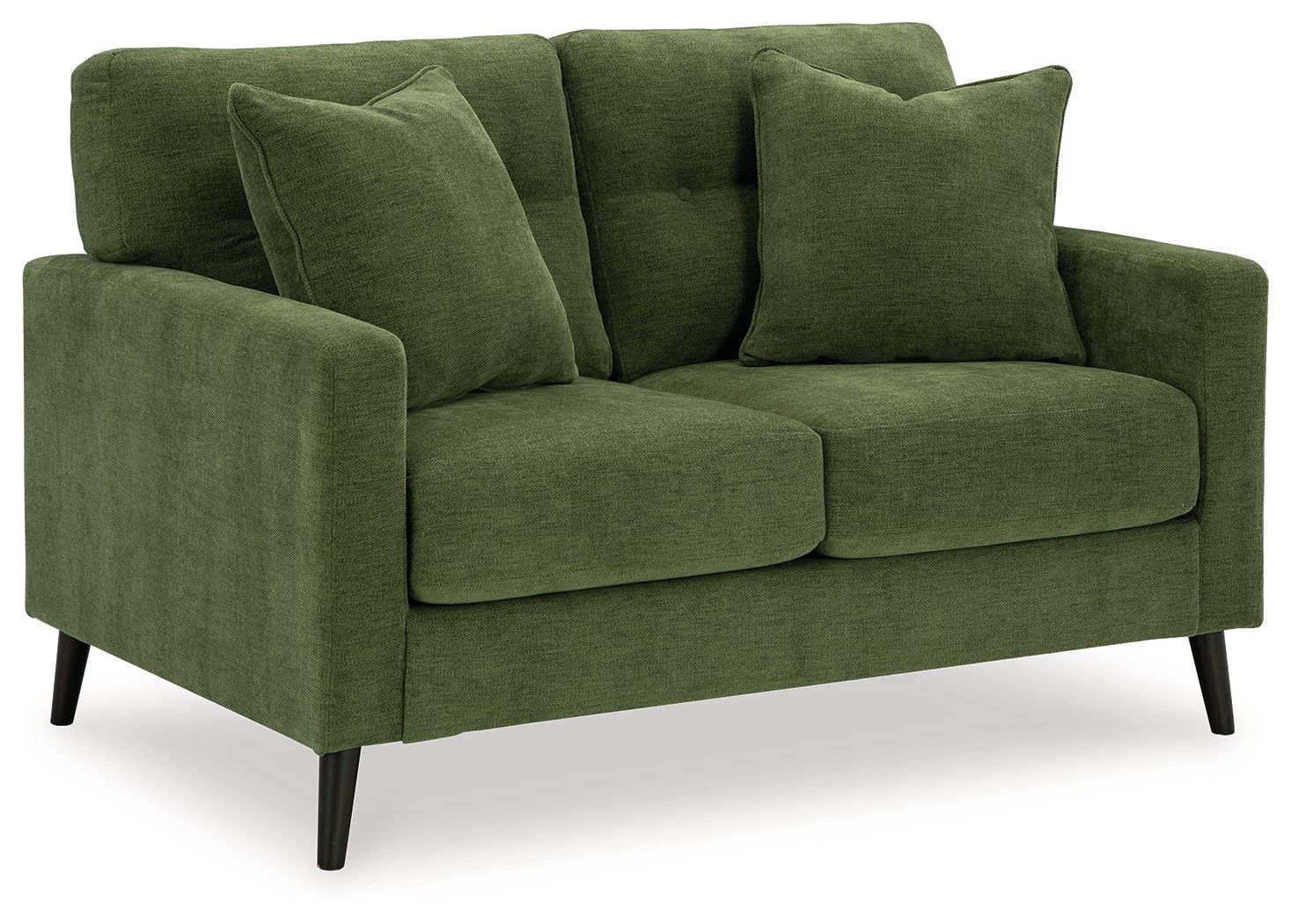 Green loveseat with tufted back, rolled arms, and two cushioned seat sections.
