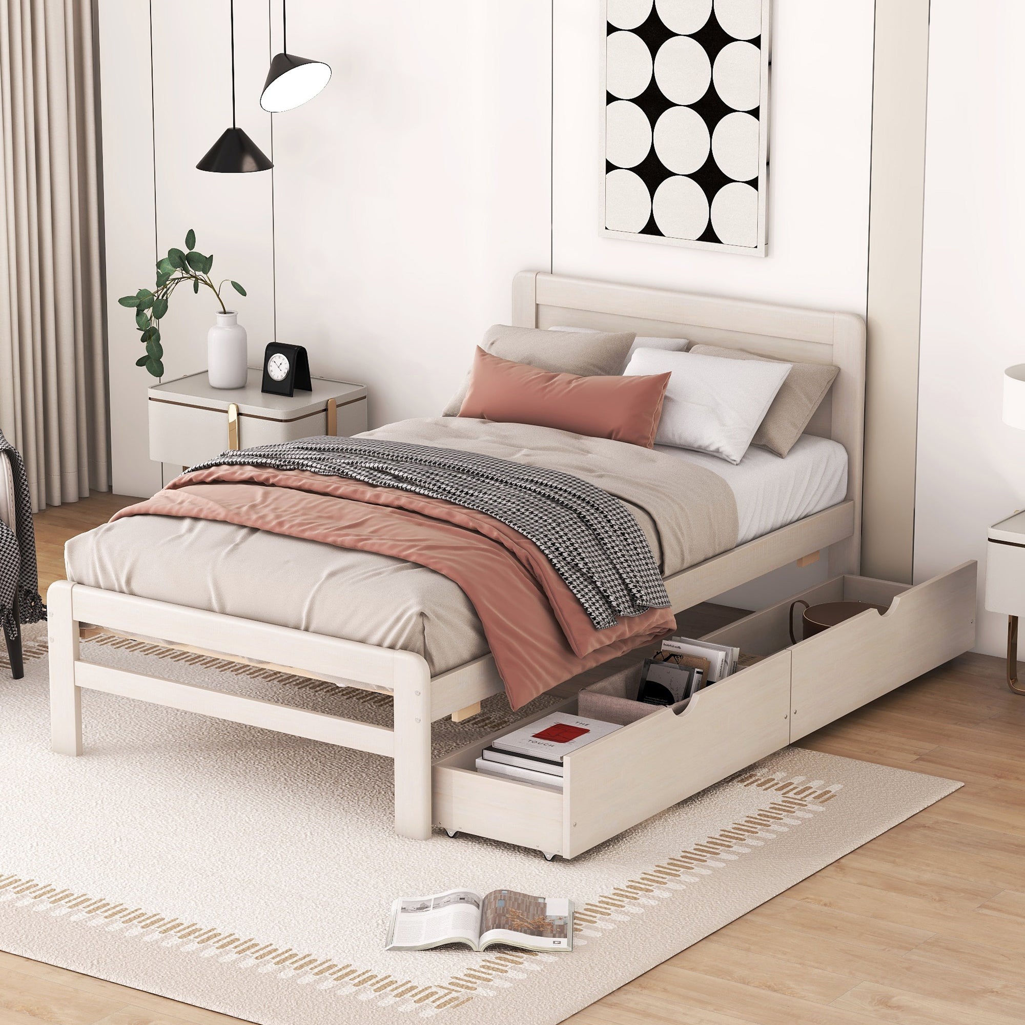 White Washed Twin Platform Bed w/ 2 Drawers