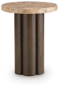Round side end table with marble-look beige top and dark fluted pedestal base