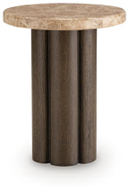 Round side end table with marble-look beige top and dark fluted pedestal base