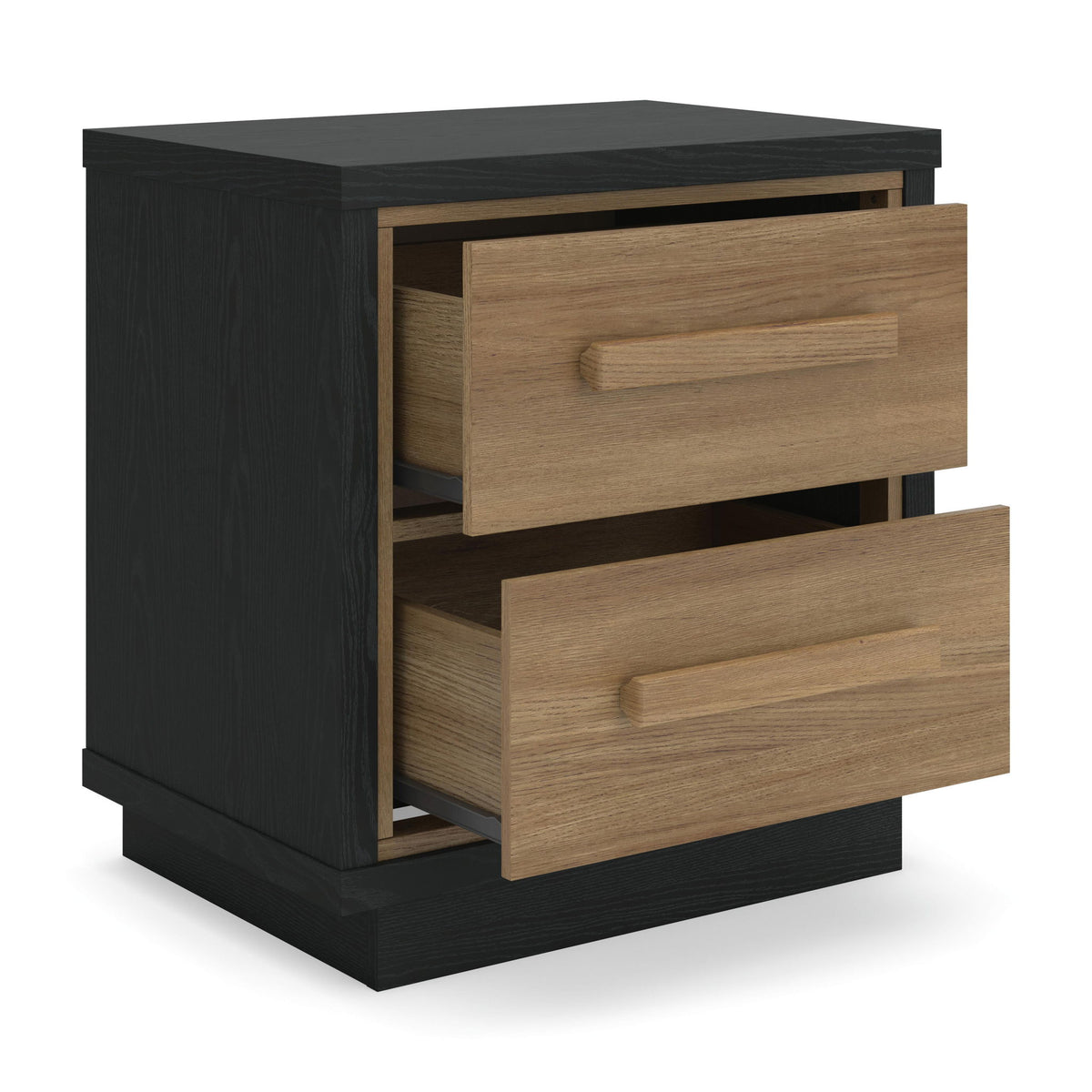 Black nightstand with two open drawers showing light wood interiors and bar pulls