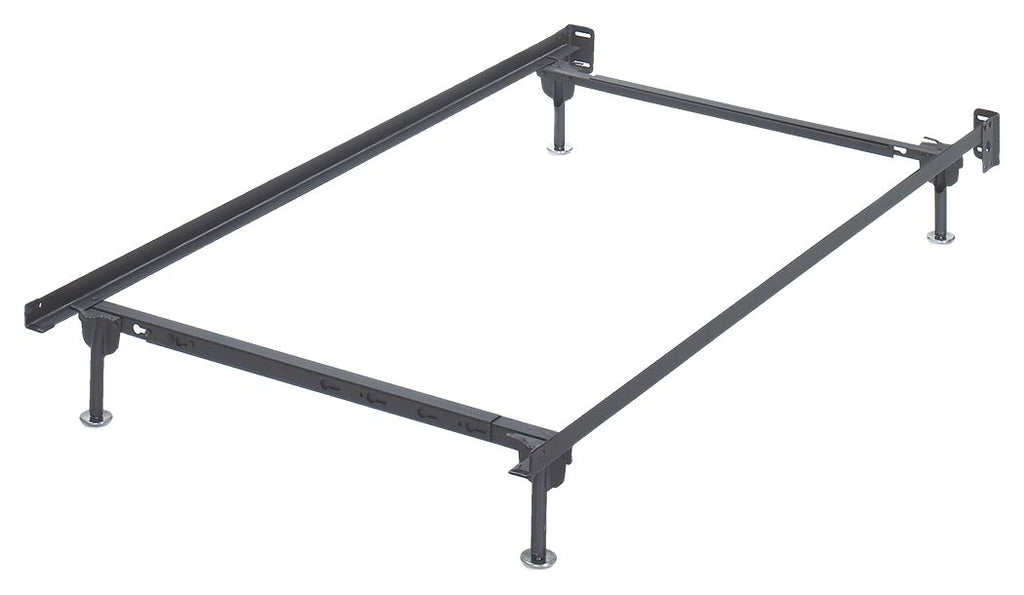 Metallic platform bed frame with dark steel rails and four adjustable legs, corner bolts.