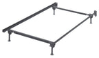 Metallic platform bed frame with dark steel rails and four adjustable legs, corner bolts.