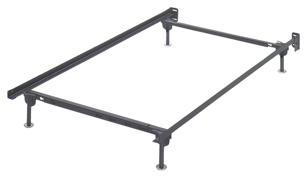 Metallic platform bed frame with dark steel rails and four adjustable legs, corner bolts.