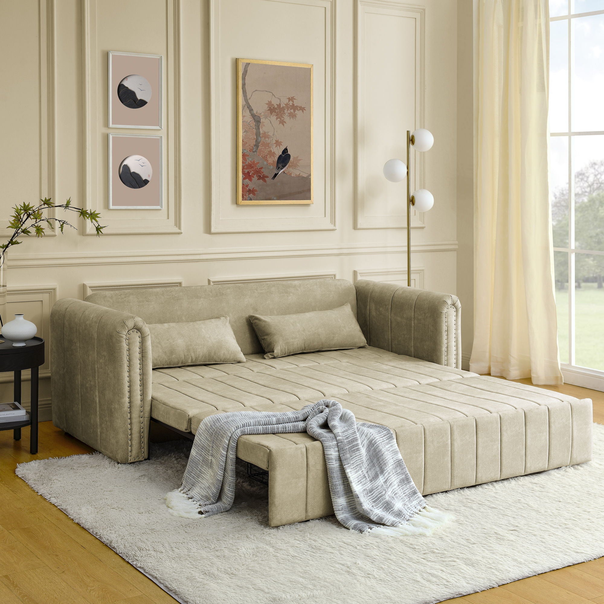3 In 1 Pull-Out Bed Sleeper, Modern Upholstered 3 Seats Lounge Sofa & Couches With Rolled Arms Decorated With Copper Nails, Convertible Futon 3 Seats Sofabed, Two Drawers And Two Pillows