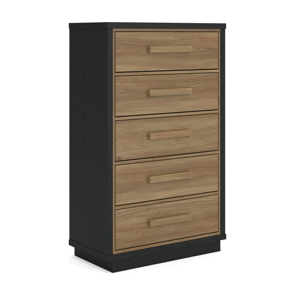 Five-drawer chest with black frame and light brown wood drawers, horizontal bar pulls