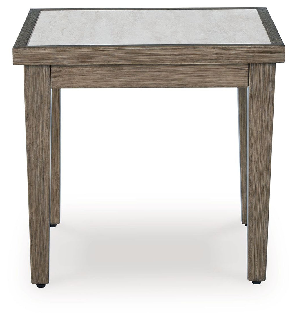 Square end table with slatted drawer front and stone-colored top, dark wood