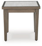 Square end table with slatted drawer front and stone-colored top, dark wood
