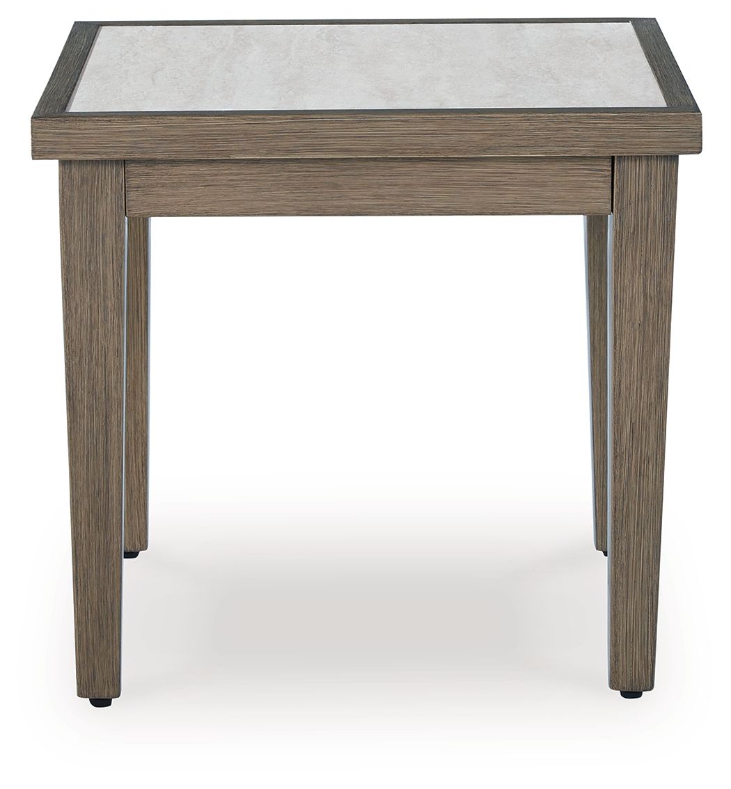 Square end table with slatted drawer front and stone-colored top, dark wood