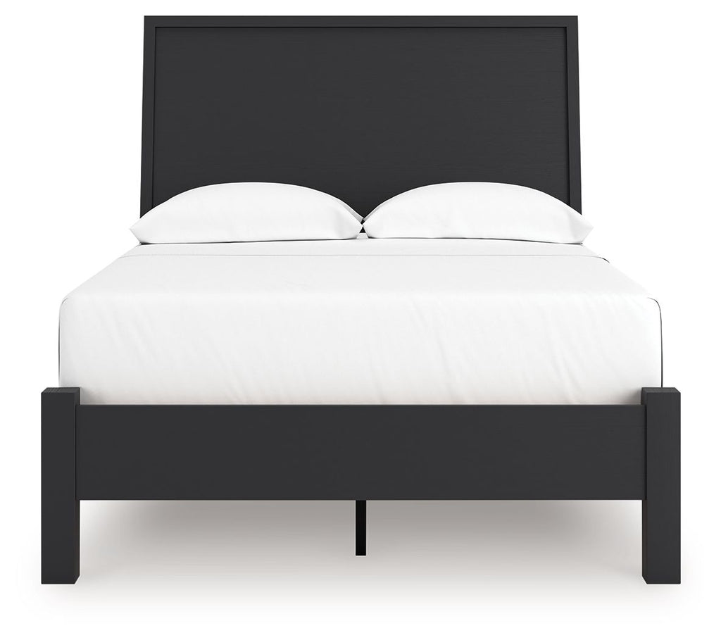 Black full panel bed with low footboard, tall headboard, white mattress and two pillows