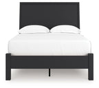 Black full panel bed with low footboard, tall headboard, white mattress and two pillows